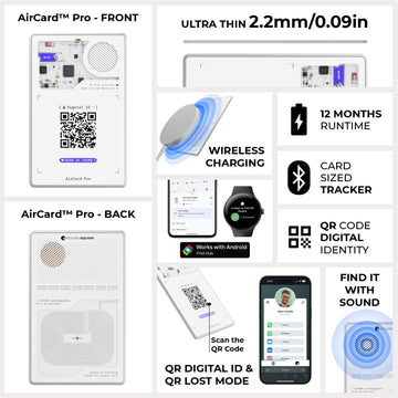 AirCard™ Pro - Android & Apple Bluetooth tracker - Black - Apple Network - White AirCard Pro Bluetooth tracker showing front with QR code and back with charging coil and label details. - Rolling Square